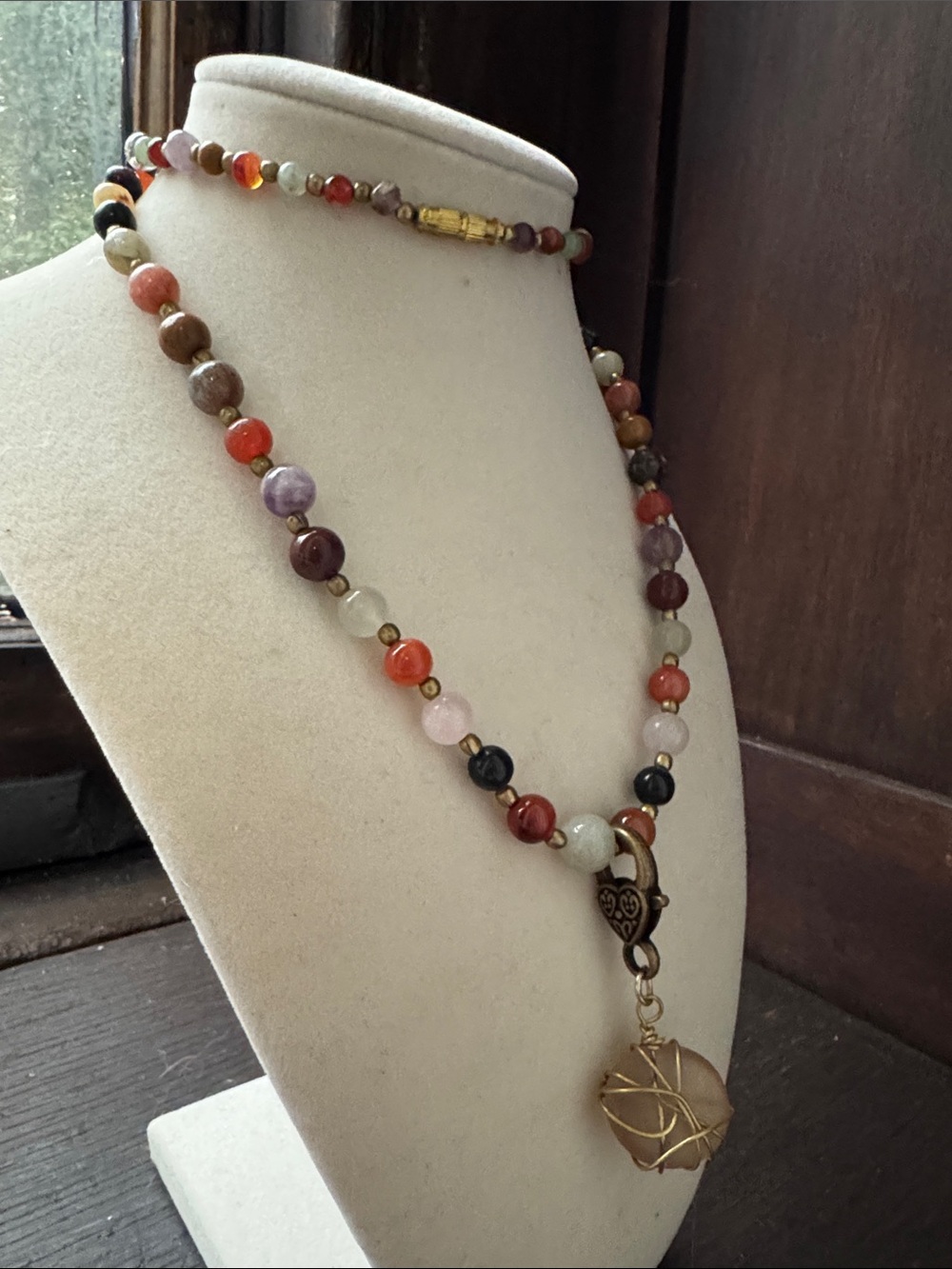 Vintage Multi Gemstone Beaded Necklace with Wire Wrapped Pendant | Boho Artisan